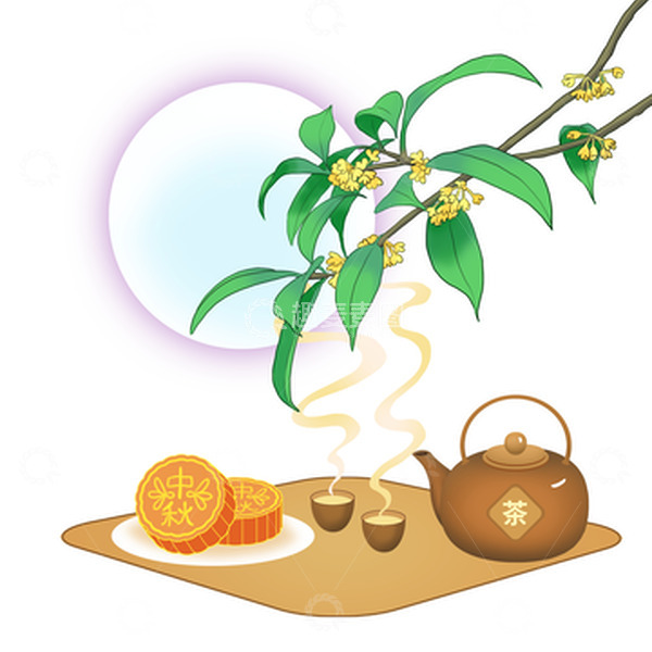 源文件下载【趣麦麦图】中秋月饼桂花品茶赏月
