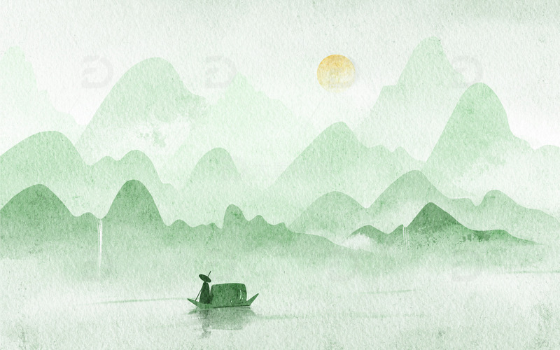 源文件下载【趣麦麦图】中国风小清新绿色水墨山水画背景