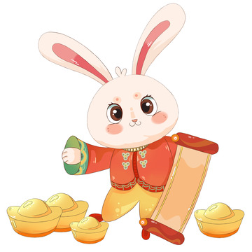 可爱红色兔子财神插画