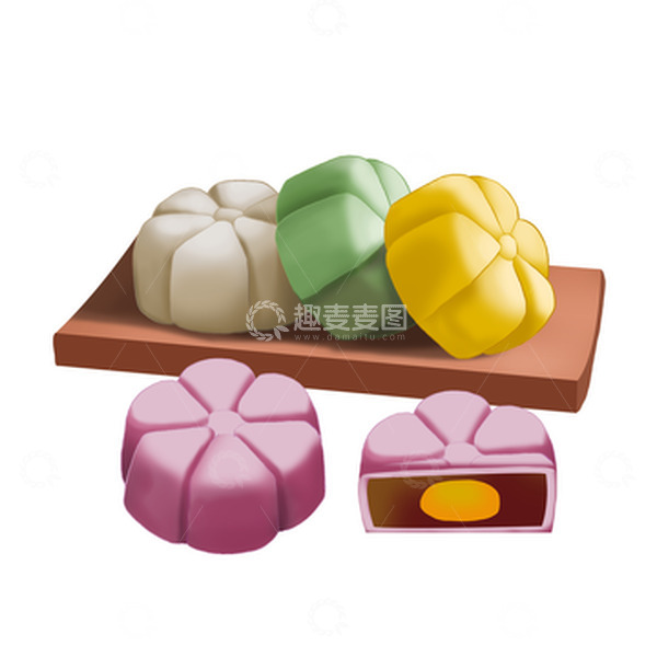源文件下载【趣麦麦图】-中秋冰皮花朵造型豆沙蛋黄月饼
