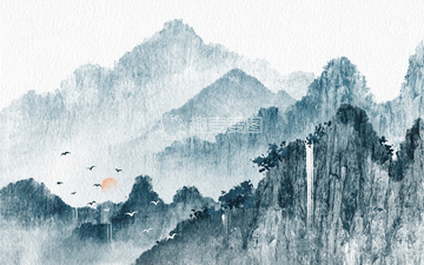 源文件下载【趣麦麦图】中国风大气手绘群山水墨瀑布古风背景