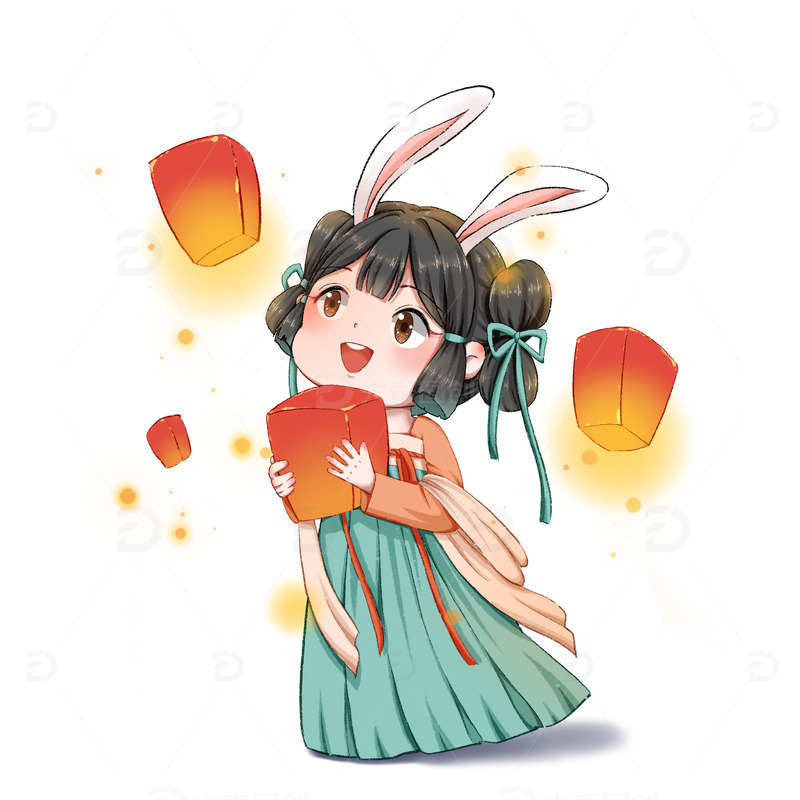 源文件下载【趣麦麦图】中秋佳节团圆放飞孔明灯兔子女孩
