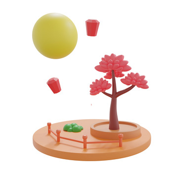 3D中秋元素小场景明月孔明灯树木