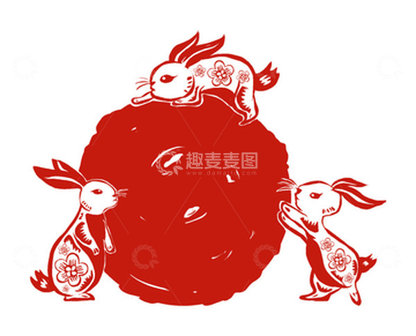 源文件下载【趣麦麦图】三只兔子推月亮玉兔中秋剪纸手绘元素