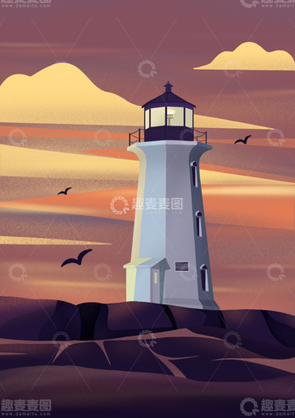 源文件下载【趣麦麦图】灯塔礁石背景配色
