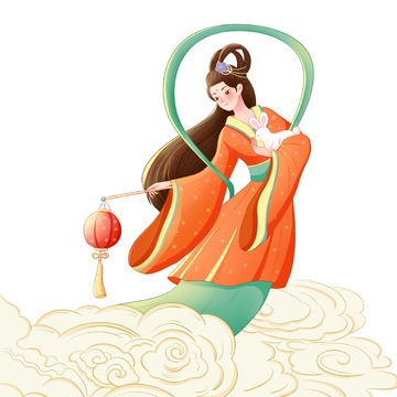 中秋嫦娥玉兔飞天灯笼插画