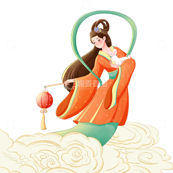 源文件下载【趣麦麦图】-中秋嫦娥玉兔飞天灯笼插画