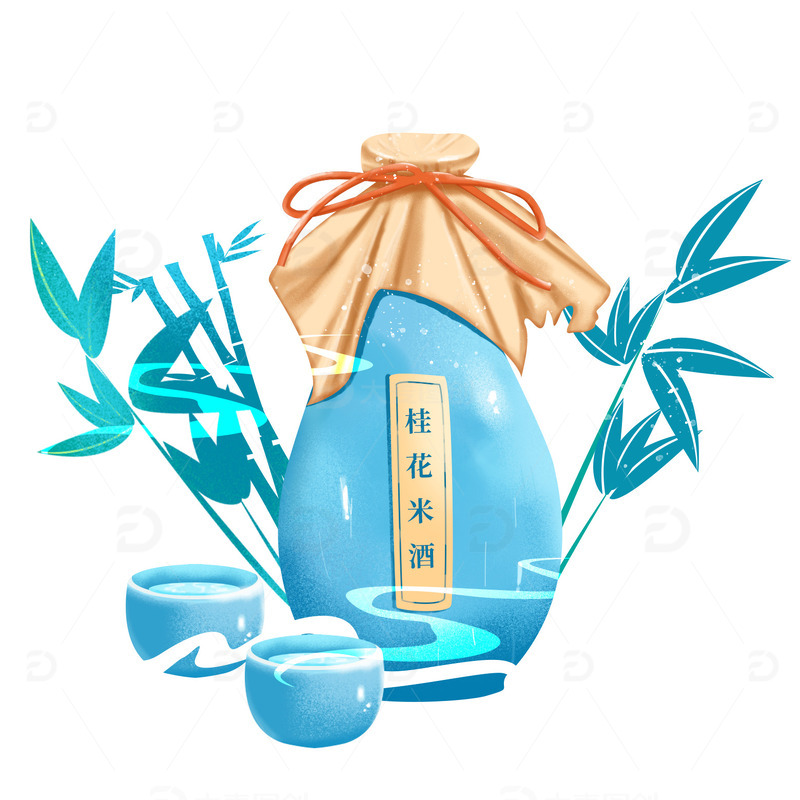 源文件下载【趣麦麦图】中秋节手绘蓝色酒壶竹子竹叶酒山云元素