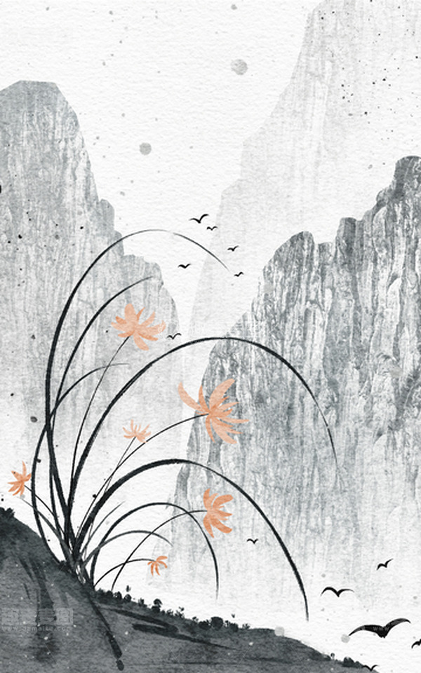 源文件下载【趣麦麦图】中国风水墨画兰花复古群山海报背景