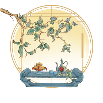 中国风中秋节日月亮桂花酒月饼场景素材
