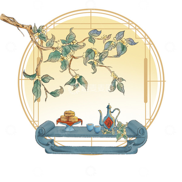 源文件下载【趣麦麦图】中国风中秋节日月亮桂花酒月饼场景素材
