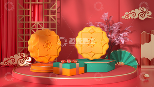源文件下载【趣麦麦图】3D立体复古国潮中秋节月饼海报背景