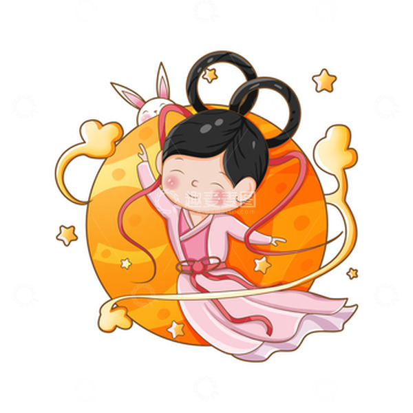 源文件下载【趣麦麦图】中秋玉兔嫦娥奔月手绘插画