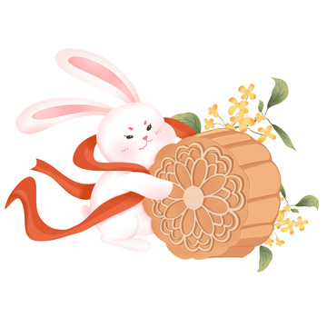 中秋玉兔抱着月饼卡通插画元素