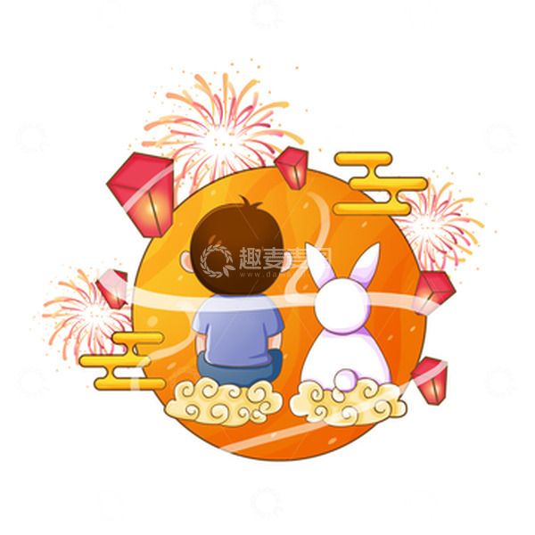 源文件下载【趣麦麦图】中秋赏月玉兔手绘插画孔明灯烟花