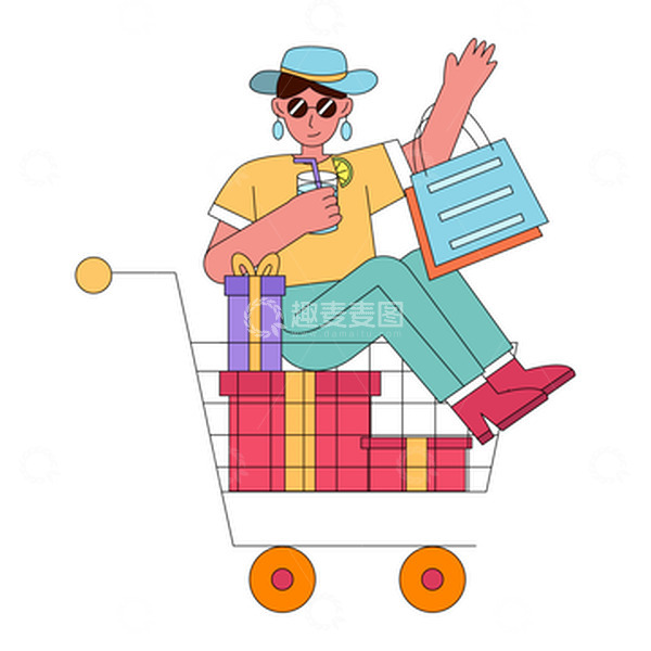 源文件下载【趣麦麦图】线描扁平坐在购物车里的潮流女孩
