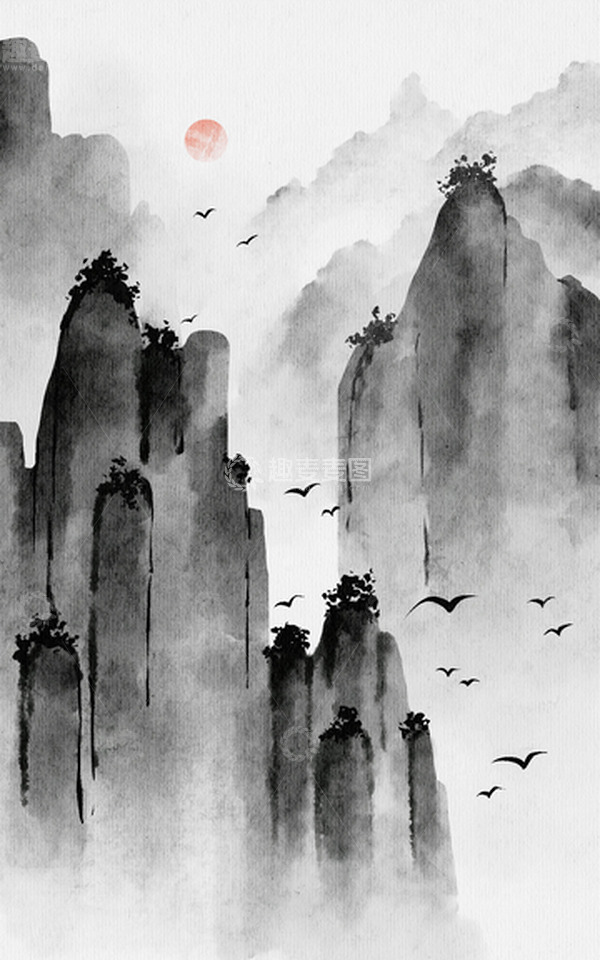 源文件下载【趣麦麦图】中国风水墨山水画古风大气海报背景