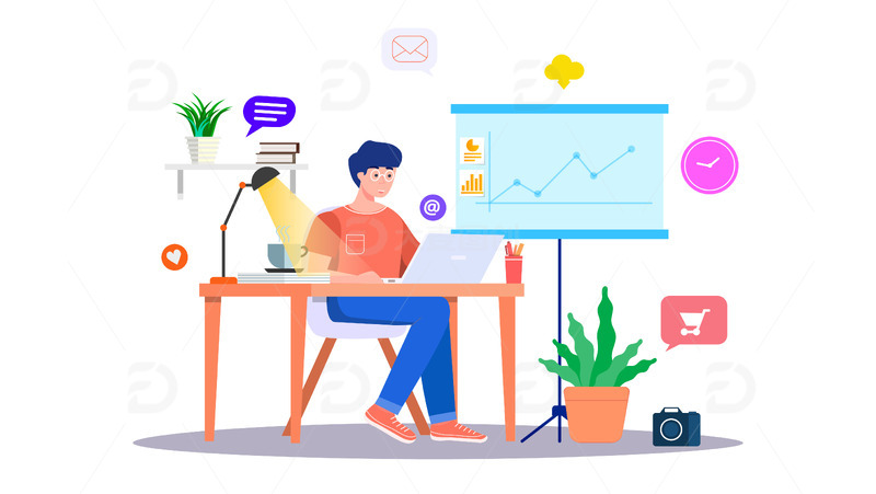 源文件下载【趣麦麦图】蓝色互联网职场时间办公商务矢量插画