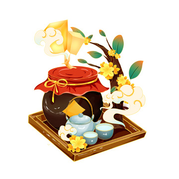 手绘会挂酒坛茶杯祥云元素