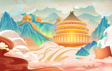 中国风山水国潮国庆节插画