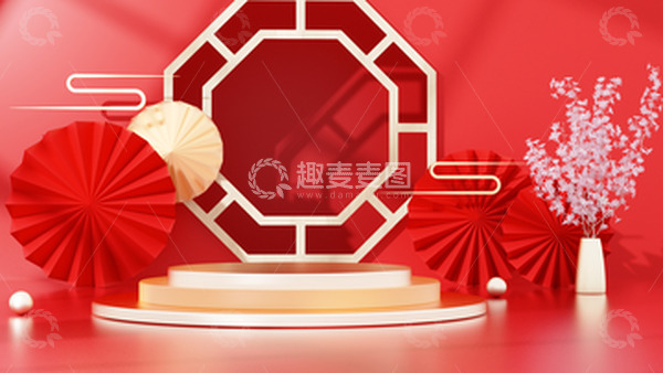 源文件下载【趣麦麦图】C4D红色国风古风背景电商海报背景