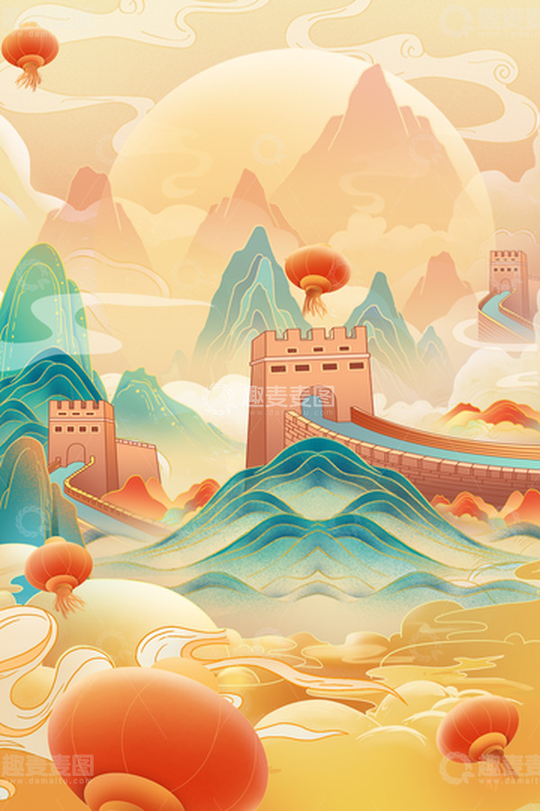 源文件下载【趣麦麦图】国潮喜迎国庆节插画国风背景海报