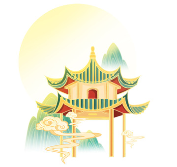 国潮风凉亭建筑国潮山祥云元素