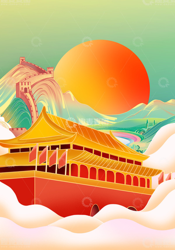 源文件下载【趣麦麦图】国庆中国风国潮插画手绘海报背景