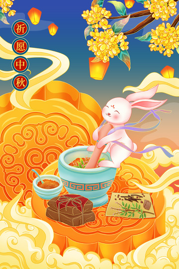 国潮风中秋节玉兔捣药月饼桂花祈愿孔明灯