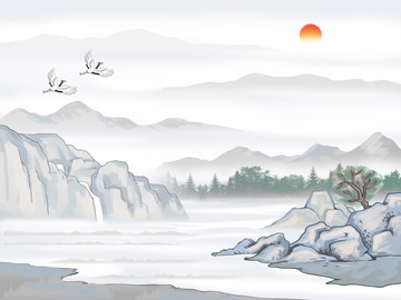 中国风国画山水背景仙鹤