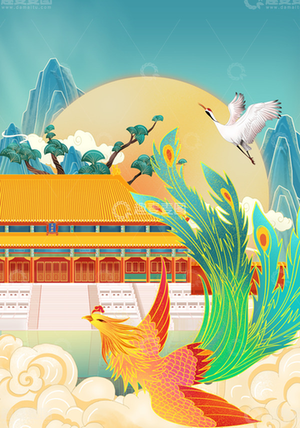 源文件下载【趣麦麦图】手绘国潮国庆海报背景插画