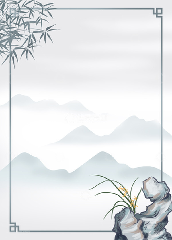 源文件下载【趣麦麦图】水墨画岩石兰花古风背景