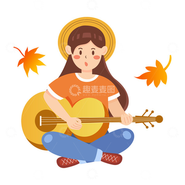 源文件下载【趣麦麦图】卡通简约秋分时节弹琴的小女孩