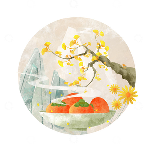 源文件下载【趣麦麦图】简约复古秋季柿子落叶