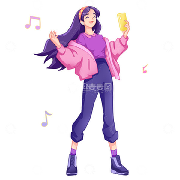 源文件下载【趣麦麦图】青年女孩听歌放松唱歌插画