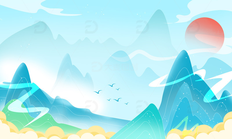 源文件下载【趣麦麦图】中国风国潮山水祥云底部海报装饰插画背景