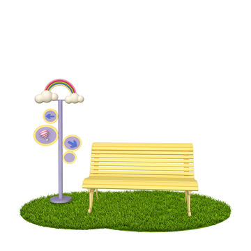 3D立体公园车站长椅站牌草坪彩虹云