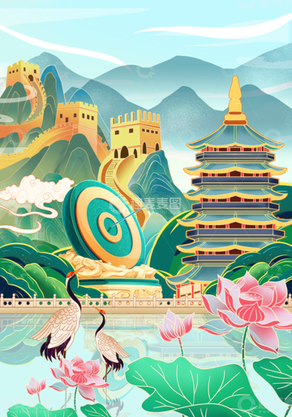 源文件下载【趣麦麦图】手绘国庆中国风国潮插画
