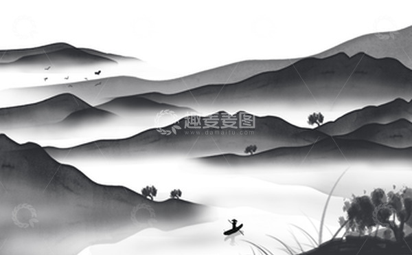 源文件下载【趣麦麦图】国潮黑白水墨风山水山脉海报背景