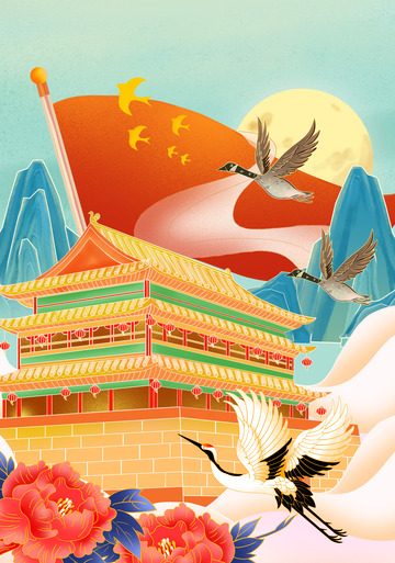 手绘城市文创古风海报插画