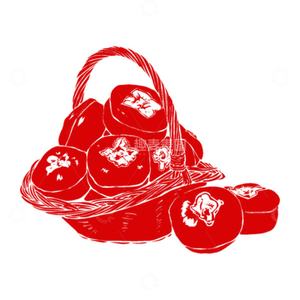 源文件下载【趣麦麦图】手提竹篮柿子剪纸秋分节气手绘元素