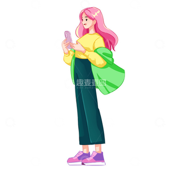 源文件下载【趣麦麦图】多巴胺年轻女孩看手机侧脸听音乐插画
