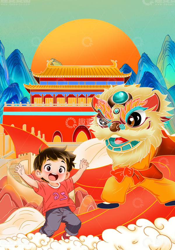 源文件下载【趣麦麦图】手绘国庆古风插画海报背景