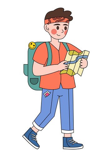 卡通线描徒步登山旅游人物