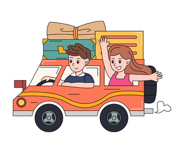 卡通线描开着汽车去旅游的人物元素