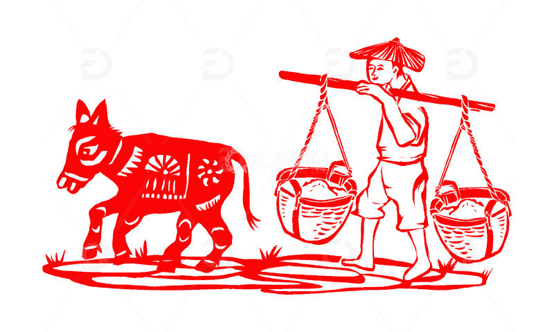 源文件下载【趣麦麦图】老农挑担粮食驴秋收秋分节气剪纸手绘元素