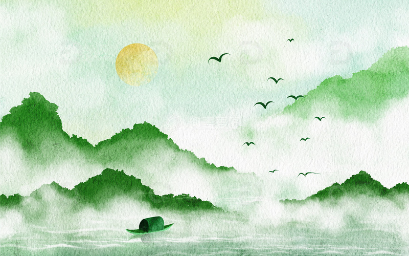 源文件下载【趣麦麦图】手绘中国风绿色山水画渔船飞鸟插画背景