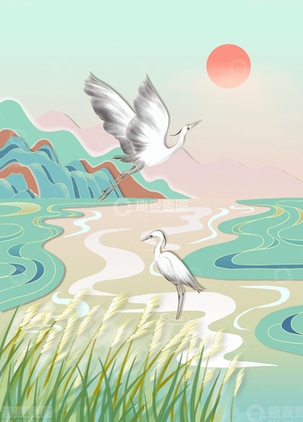 源文件下载【趣麦麦图】白露山水白鹭芦苇白露背景国风背景