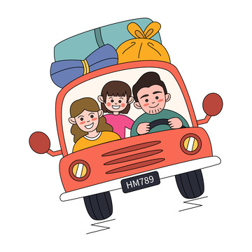 卡通线描自驾游的一家人