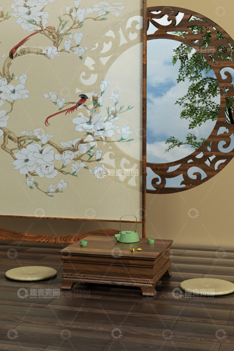 C4D中式古风茶歇场景